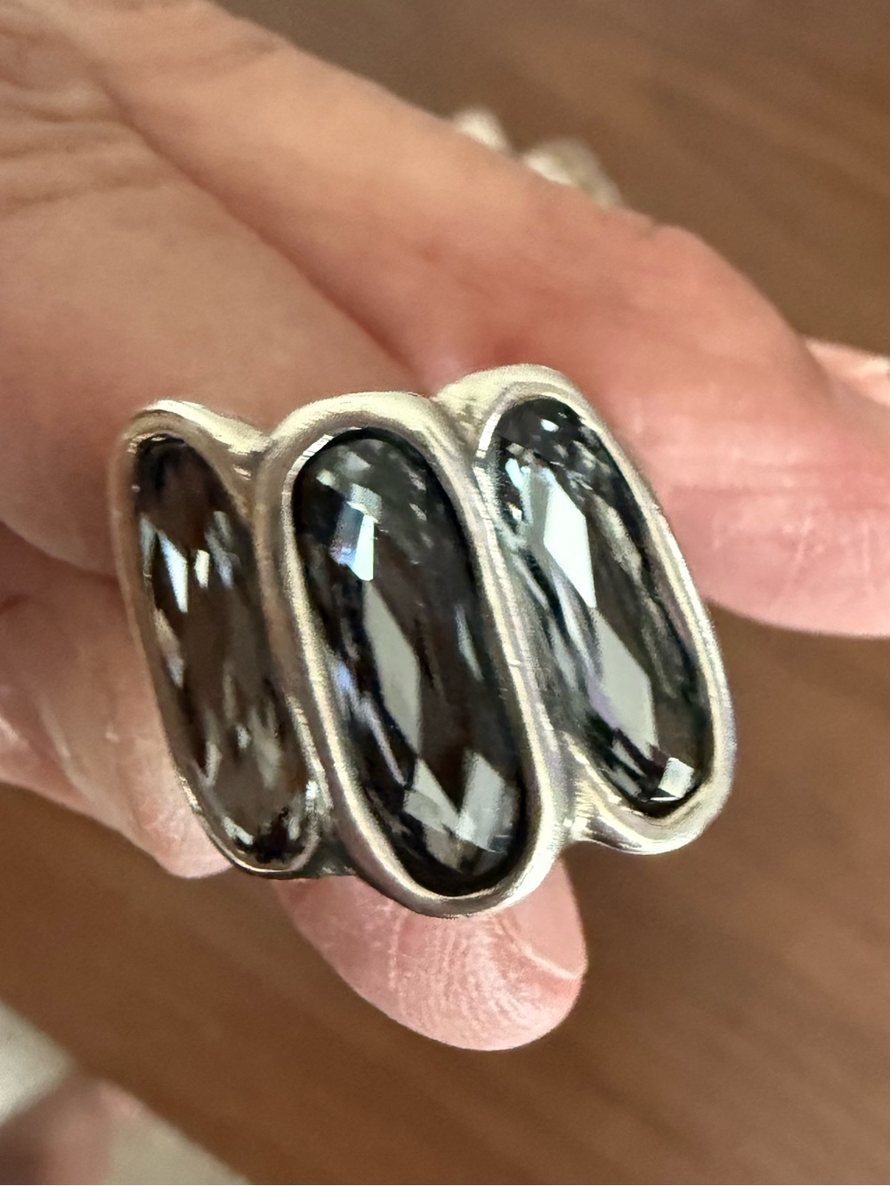 UNO de 50 Smoky Crystal Triple-Stone Silver Ring - size 8 1/2 - 8 3/4